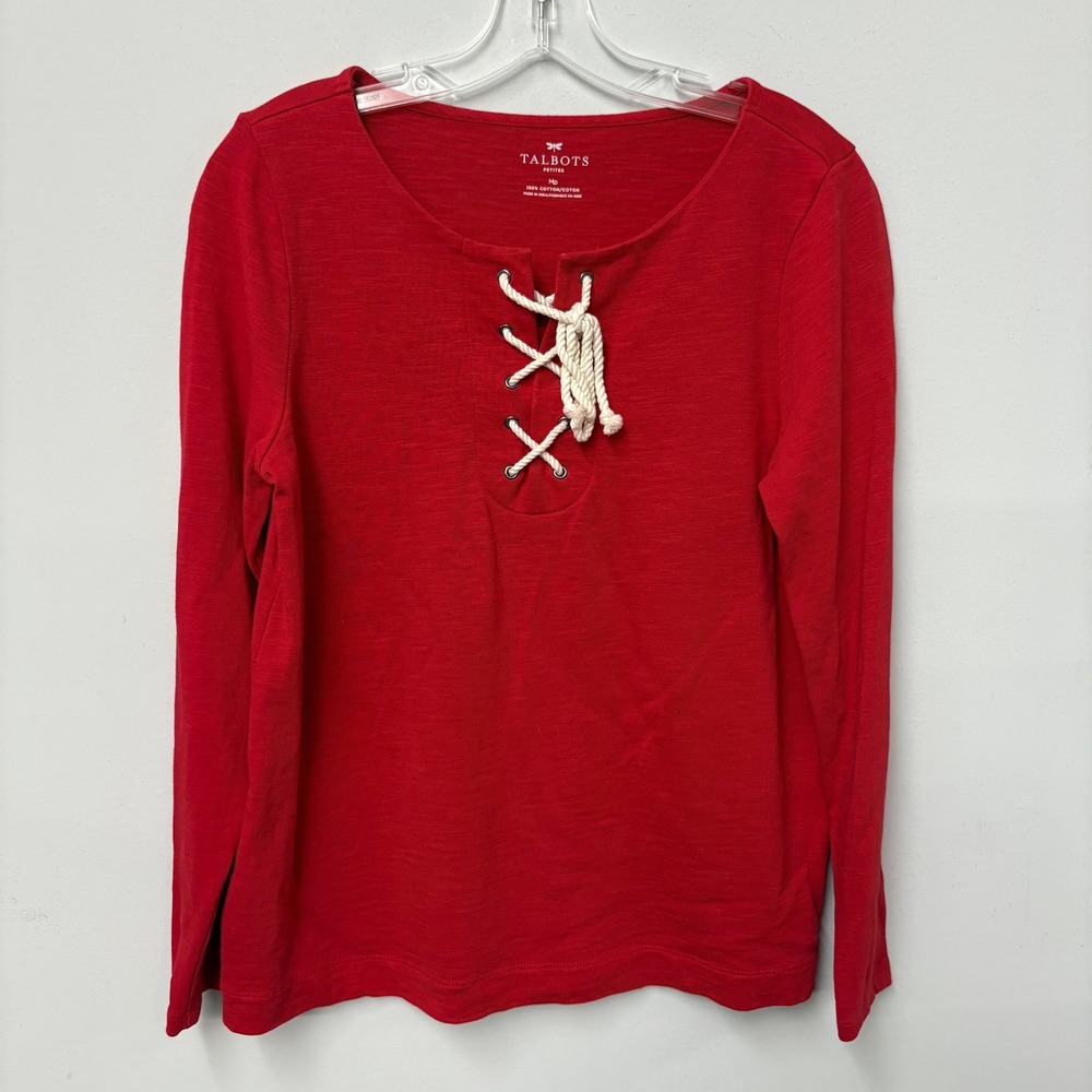 Talbots Red 100% Cotton Lace-Up Slub Knit Long Sleeve Top MP Nautical Rope Beach